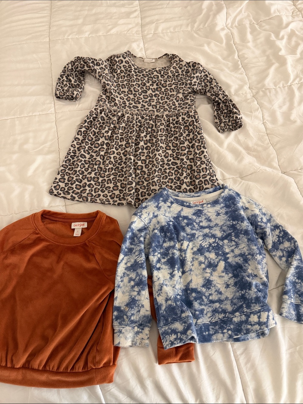 Cat & Jack Leopard Print Dress, Rust Top & Blue Tie-Dye Sweatshirt Set